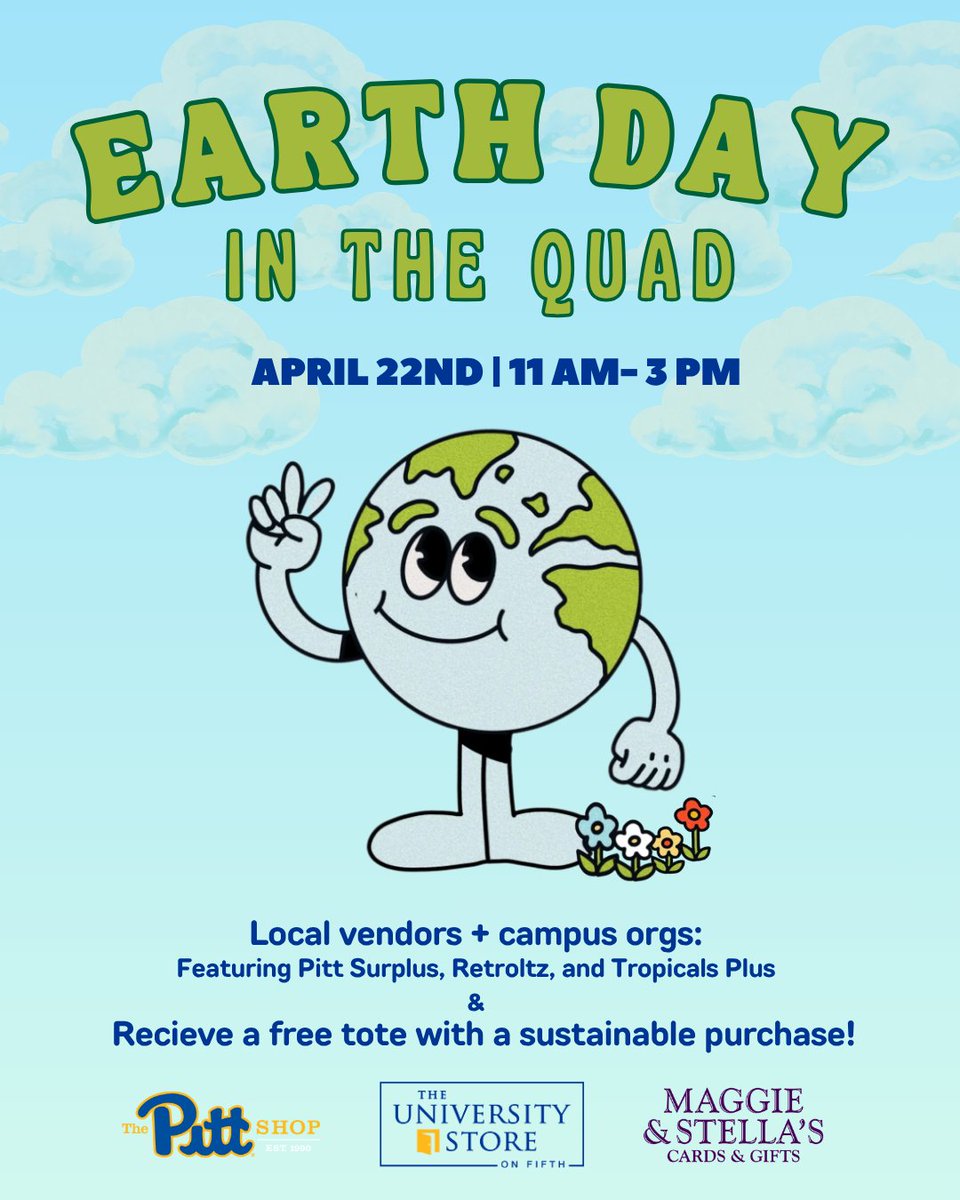 PittUnivStore's tweet photo. 🌱 Earth Day in the Quad is almost here! Stop by April 22 to shop sustainable, support local vendors, and grab a free tote with purchase. #UniversityStoreOnFifth #MaggieAndStellas #H2P https://t.co/JarmFU3D15