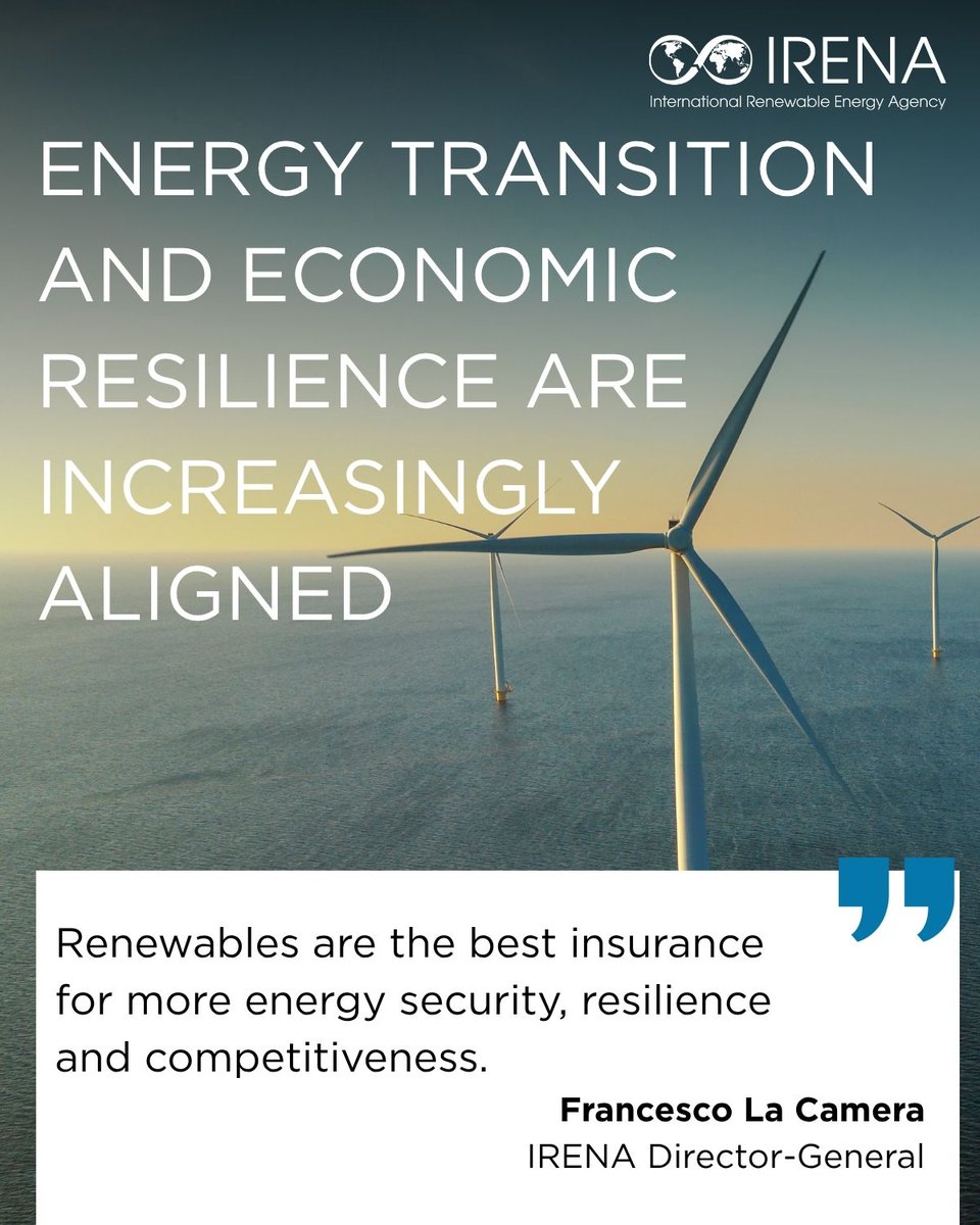 IRENA's tweet image. From price volatility to supply risks, #energy systems face growing pressure. #Renewables are helping shift the balance towards greater stability &amp;amp; resilience. See @IRENA's latest advisory for policymakers: irena.org/Publications/2…