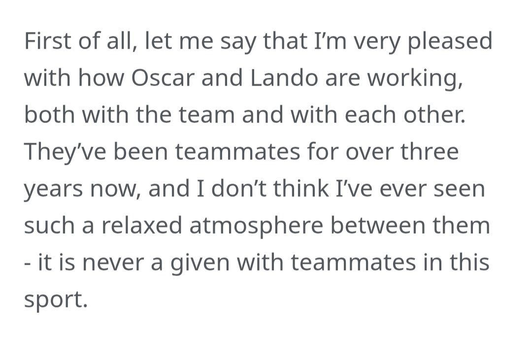 "i don't think i've ever seen such a relaxed atmosphere between them" 

landoscar truly is the definition of trauma bonding 😭😭😭