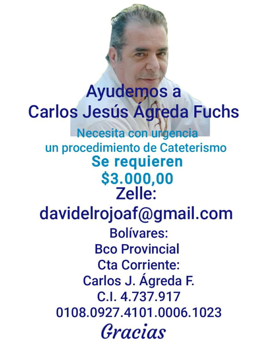 #ServicioPúblico | Ayudemos a Carlos Jesús Ágreda Fuchs. Necesita con urgencia un cateterismo. Cualquier aporte por pequeño que sea es valioso para su recuperación.