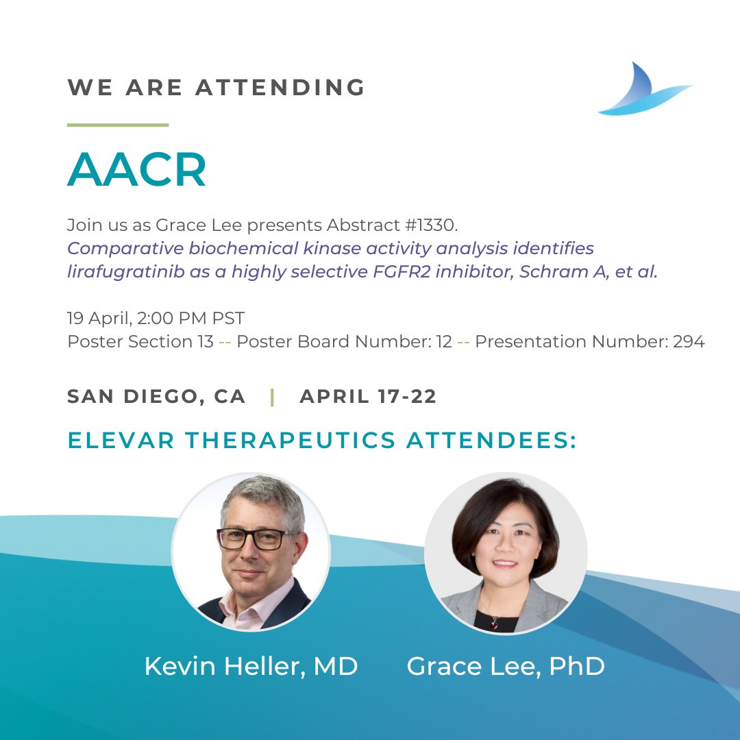 ElevarTx's tweet photo. We are excited to announce that Elevar Therapeutics will be at the AACR Annual Meeting in San Diego!

Join us to learn more about our latest research during a poster presentation by Grace Lee, PhD. Kevin N. Heller, MD, will also be in attendance to connect with colleagues and discuss our ongoing commitment to advancing cancer care.

We look forward to sharing our findings and engaging with the global cancer research community. See you in San Diego!

#AACR26 #ElevarTx #ElevarTherapeutics #Oncology #CancerResearch