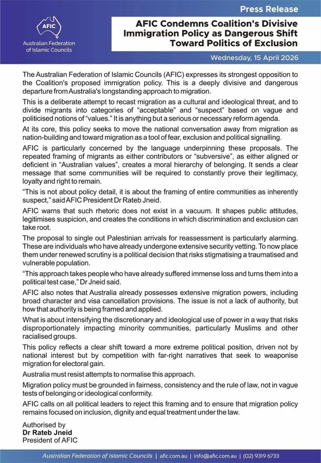Juliett59778255's tweet image. Drew Pavlou
@DrewPavlou
The Australian Federation of Islamic Councils issues statement condemning calls to select migrants based on Australian values
#auspol26 #auspol #australia #aussie #albanese #labor