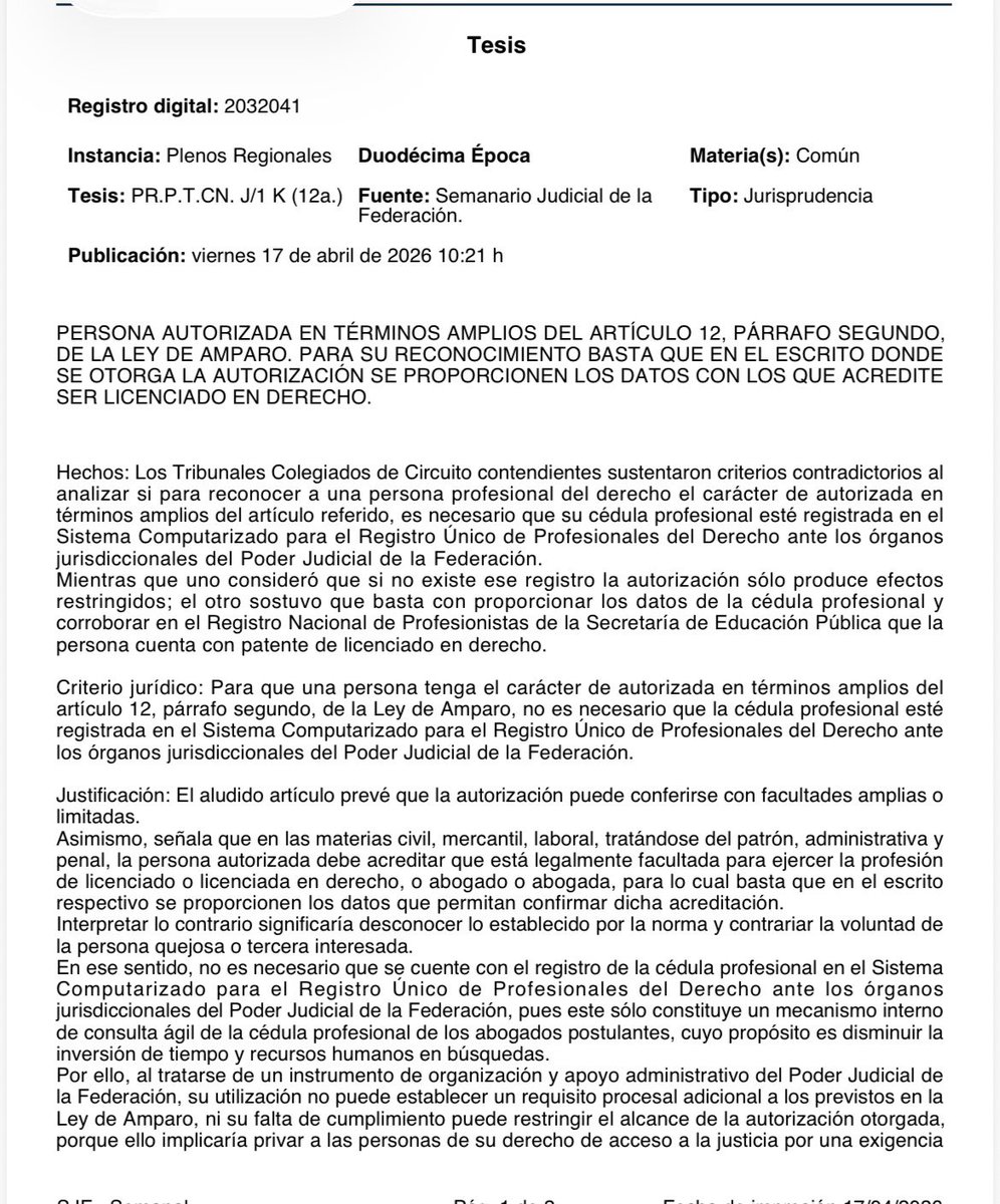 veroosornio's tweet photo. #ViernesdeJurisprudencia 

⭐️Para actuar como autorizado en términos amplios en un #juiciodeamparo ya no es necesario tener registrada la #cédulaprofesional ante el #PJF⭐️

🔴Jurisprudencia del Pleno Regional Centro Norte.

https://t.co/bidr0IsTMj. J/1 K (12a.) https://t.co/mOtdJXCGch