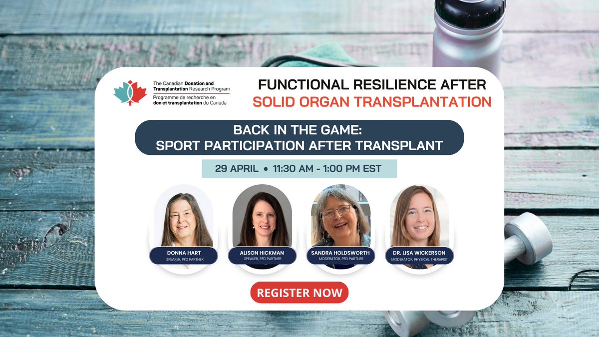 CNTRP's tweet photo. We are continuing our webinar series with Back in the Game: Sport Participation After Transplant on April 29.

Hear from Alison Hickman and Donna Hart, as they share insights into fitness and sports participation post-transplant.

Register: https://t.co/Q501AxNDlS https://t.co/AVuoFnIw0A
