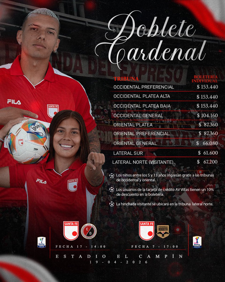 SantaFe's tweet image. ¡Acompáñanos junto a toda #LaFamiliaDelLeón 🦁 en el Doblete Cardenal 🇮🇩 de este domingo!

Los Leones desde las 14:00 enfrentan a Cúcuta y las #Leonas a las 17:00 a Internacional de Bogotá.

¡Nos vemos en El Campín 🏟️! Adquiere tus entradas 👉🏻 bit.ly/41Kw40a
