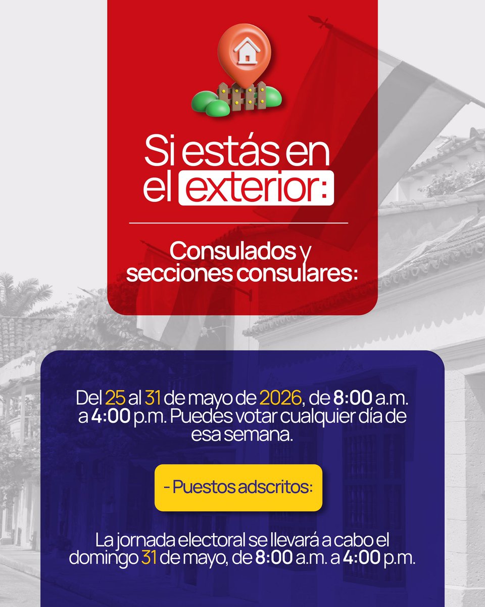 Consulta las fechas para las Elecciones Presidenciales 2026.
🗳 Consulados y secciones consulares: del 25 al 31 de mayo de 2026, de 8:00 a.m. a 4:00 p.m. Puedes votar cualquier día de esa semana.
🗳 Puestos adscritos: el domingo 31 de mayo, de 8:00 a.m. a 4:00 p.m.
