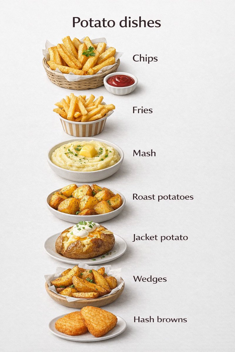 grammar_club's tweet image. What’s your favourite way to eat potatoes? 🥔

#LearnEnglish #FoodVocabulary #EnglishVocabulary #VisualLearning #languageIsVisual