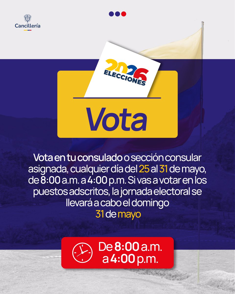 Para votar en las elecciones presidenciales 2026 en el exterior, el único documento válido es tu cédula de ciudadanía. Contraseñas y pasaportes no son válidos.
Vota en tu consulado o sección consular cualquier día del 25 al 31 de mayo, de 8:00 a.m. a 4:00 p.m.