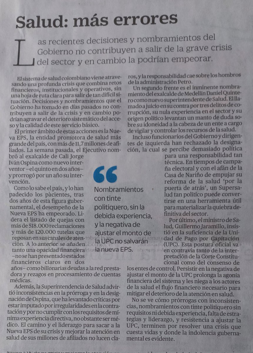 #ATENCIÓN Srs: Daniel Quintero, Jorge Iván Ospina y Guillermo Alfonso Jaramillo, recomiendo la lectura del editorial de <a href="/ELTIEMPO/">EL TIEMPO</a>. Reflexionen. No empeoren la #Salud en el país.
<a href="/QuinteroCalle/">Daniel Quintero 🇨🇴</a> 
<a href="/JorgeIvanOspina/">Jorge Ivan Ospina</a> 
<a href="/GA_Jaramillo/">Guillermo Jaramillo</a>