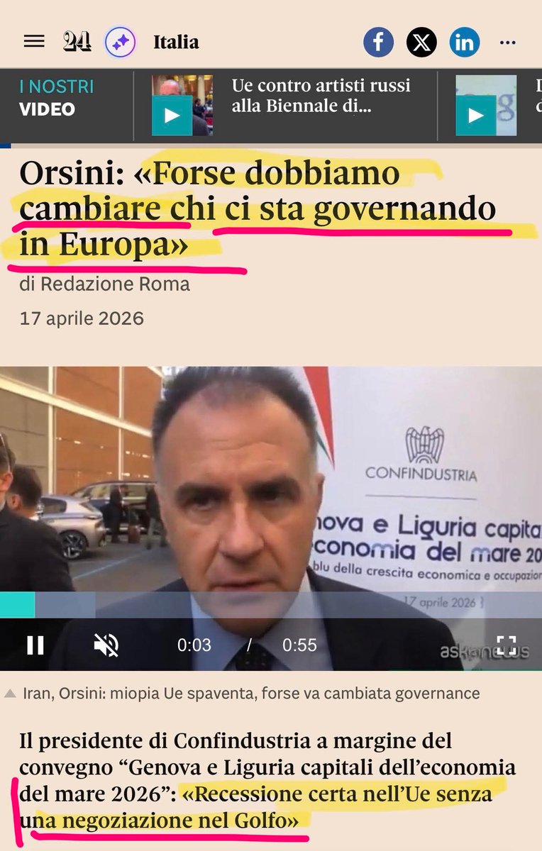 🔴Finalmente, anche gli industriali si sono accorti del burrone in cui stiamo per cadere a causa di una classe dirigente europea imbarazzante (per non dire altro).

Confindustria Il Sole 24 ORE

👇👇👇
ilsole24ore.com/art/orsini-for…

- Laura Calosso