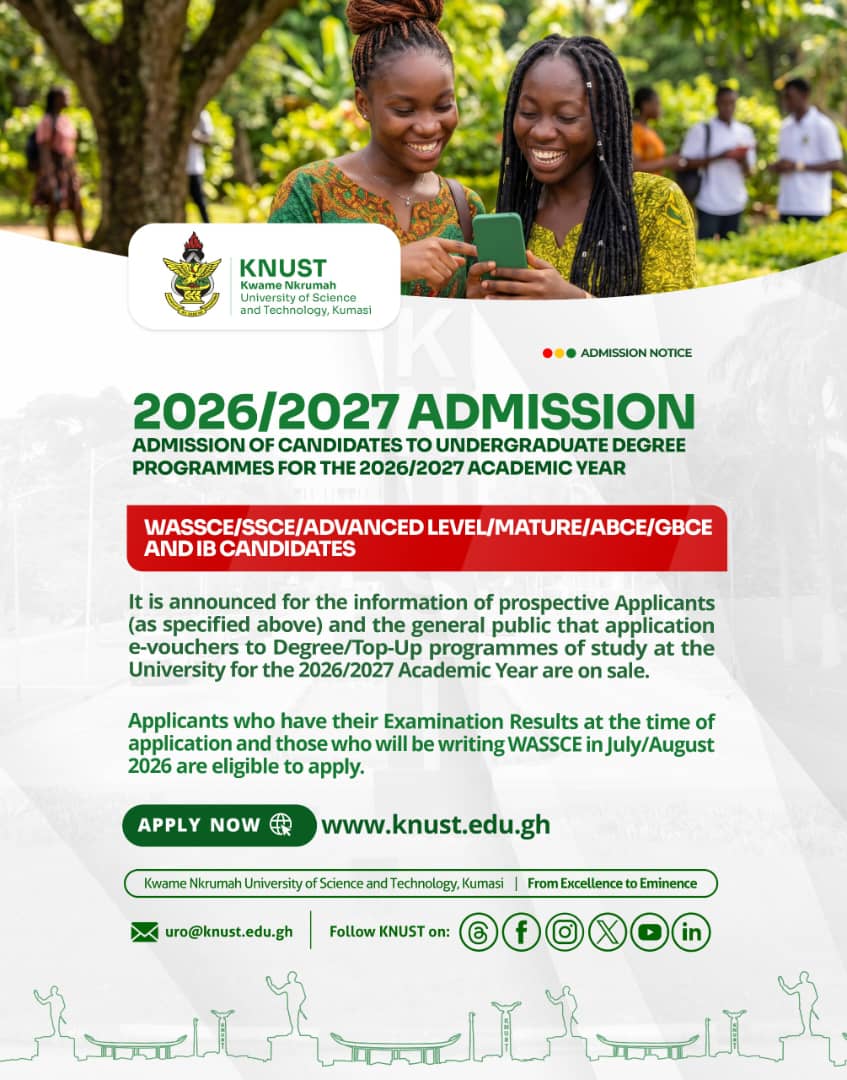 Noticeboardgh's tweet image. 📍📍ATTENTION GENERAL PUBLIC📍📍

 Admission forms for KNUST 2026/2027 Undergraduate &amp;amp; Top-Up programmes are now on sale. Buy via designated banks &amp;amp; post offices nationwide.
 Use only authorised channels. Updates follow. 

Stay tuned for more updates 👀
#KNUST #Admissions