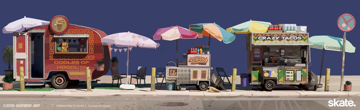 terraformart's tweet image. We had the pleasure of designing several colorful, fun food trucks for San Vansterdam

Art Director: Lance Ridenoure

Concept Artists: Jonas Hassibi &amp;amp; Oscar Gregeborn

Producer: Sara Mosier

Creative Director: Finnian MacManus @fmacmanus

#Skate #ElectronicArts #conceptart #games