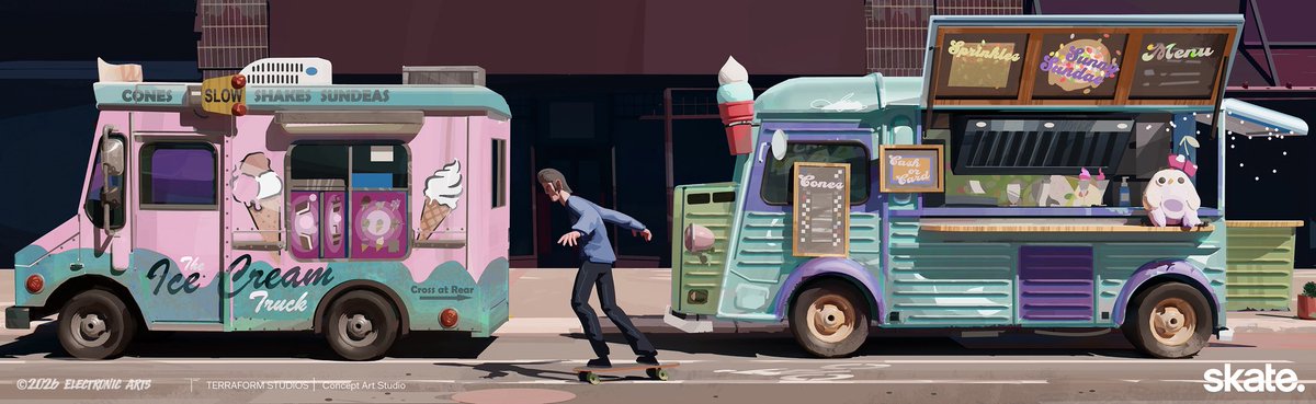 terraformart's tweet image. We had the pleasure of designing several colorful, fun food trucks for San Vansterdam

Art Director: Lance Ridenoure

Concept Artists: Jonas Hassibi &amp;amp; Oscar Gregeborn

Producer: Sara Mosier

Creative Director: Finnian MacManus @fmacmanus

#Skate #ElectronicArts #conceptart #games