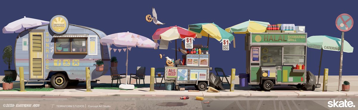 terraformart's tweet image. We had the pleasure of designing several colorful, fun food trucks for San Vansterdam

Art Director: Lance Ridenoure

Concept Artists: Jonas Hassibi &amp;amp; Oscar Gregeborn

Producer: Sara Mosier

Creative Director: Finnian MacManus @fmacmanus

#Skate #ElectronicArts #conceptart #games