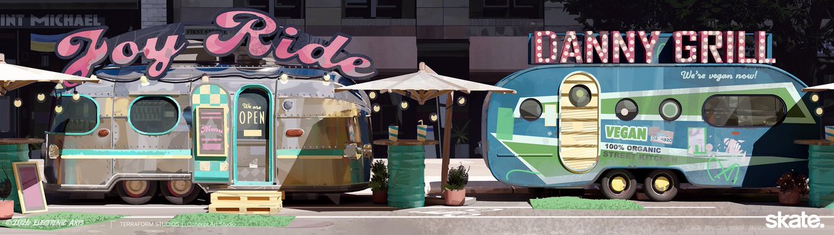 terraformart's tweet image. We had the pleasure of designing several colorful, fun food trucks for San Vansterdam

Art Director: Lance Ridenoure

Concept Artists: Jonas Hassibi &amp;amp; Oscar Gregeborn

Producer: Sara Mosier

Creative Director: Finnian MacManus @fmacmanus

#Skate #ElectronicArts #conceptart #games