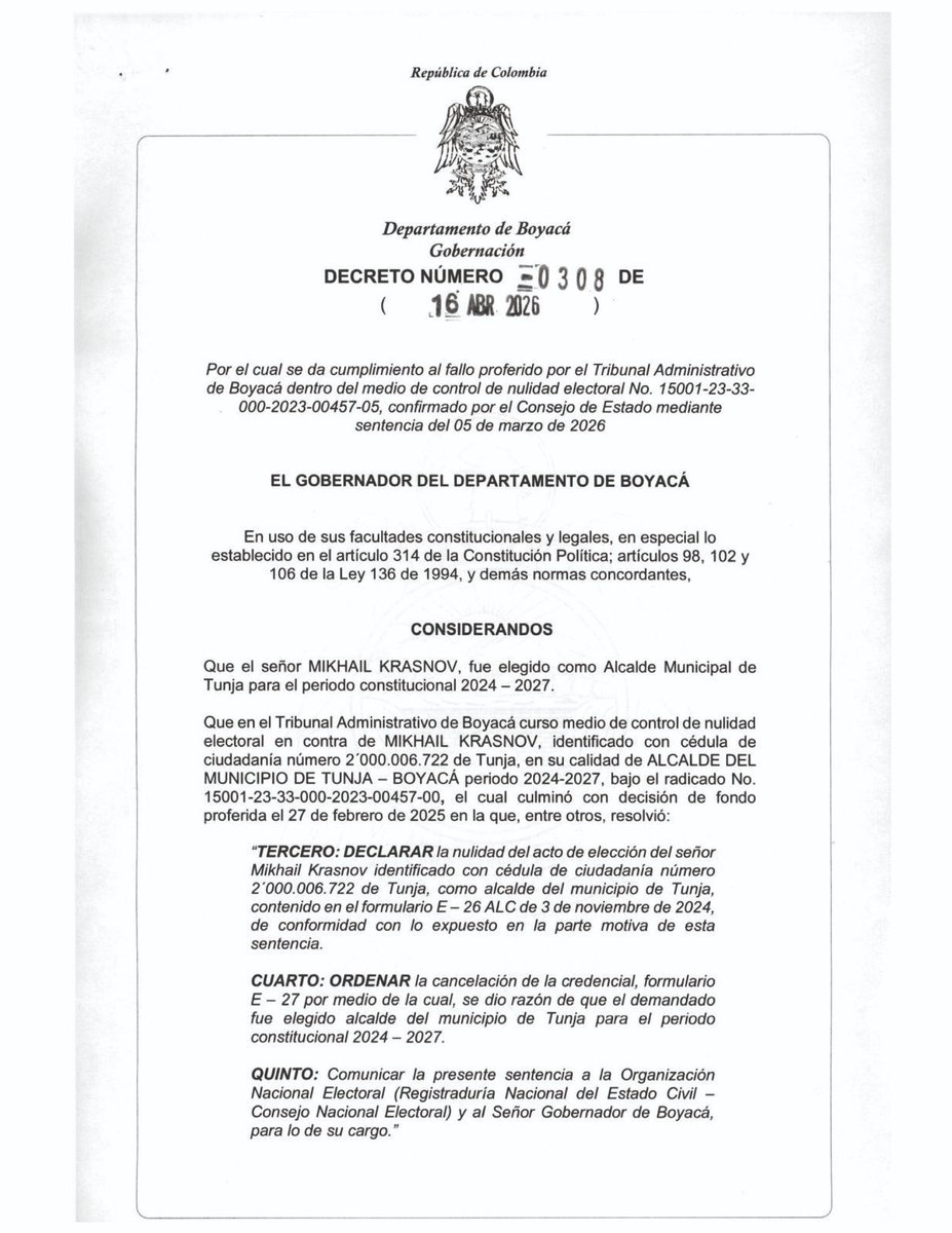 AlcaldiaTunja's tweet photo. Tunja garantiza continuidad institucional

Mediante el Decreto 0308 del 16 de abril de 2026, el gobernador de Boyacá, Carlos Andrés Amaya, designó al ingeniero Carlos Gabriel Hernández Carrillo como alcalde encargado de Tunja. https://t.co/6qZhPhlwMS