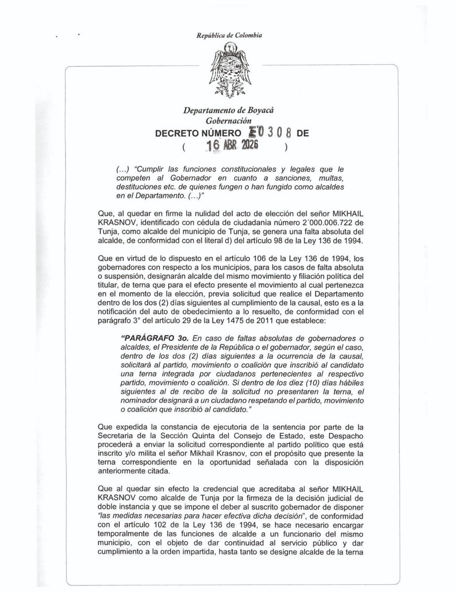 AlcaldiaTunja's tweet photo. Tunja garantiza continuidad institucional

Mediante el Decreto 0308 del 16 de abril de 2026, el gobernador de Boyacá, Carlos Andrés Amaya, designó al ingeniero Carlos Gabriel Hernández Carrillo como alcalde encargado de Tunja. https://t.co/6qZhPhlwMS