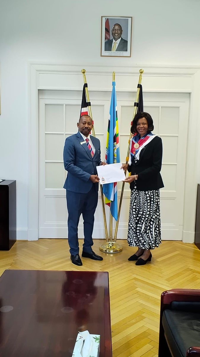 KenyaembassyGER's tweet photo. National Defence College (NDC) Delegation Pays Courtesy Call to the Embassy of Kenya in Berlin
Ambassador Stella Mokaya Orina today 17th April 2026 hosted Hon. Soipan Tuya, Cabinet Secretary for Defence who paid a courtesy call to the Embassy. The Cabinet Secretary led a delegation comprising the NDC Commandant, Lt. Gen. Mwinyikai Juma Shee, Maj. General Peter Githinji Nyamu,  Colonel Damaris Agneta Ochieng, the Defence Attachè to Germany, and a team of 23 NDC participants drawn from different sectors in  Kenya, Rwanda, Uganda, and Tanzania. The delegation which has been on a study tour in Germany  had visited strategic institutions, including the Federal Ministry of Defence, the Federal Foreign Office, Konrad Adenauer Stiftung, and the Centre for International Peace Operations (ZIF), among others.
The discussions centred aroubd the role the NDC plays in developing strategic leaders for the country and region.  Germany was also hailed as Kenya’s strategic partner on climate action, renewable energy, sustainable economic growth all of which have a security dimension.