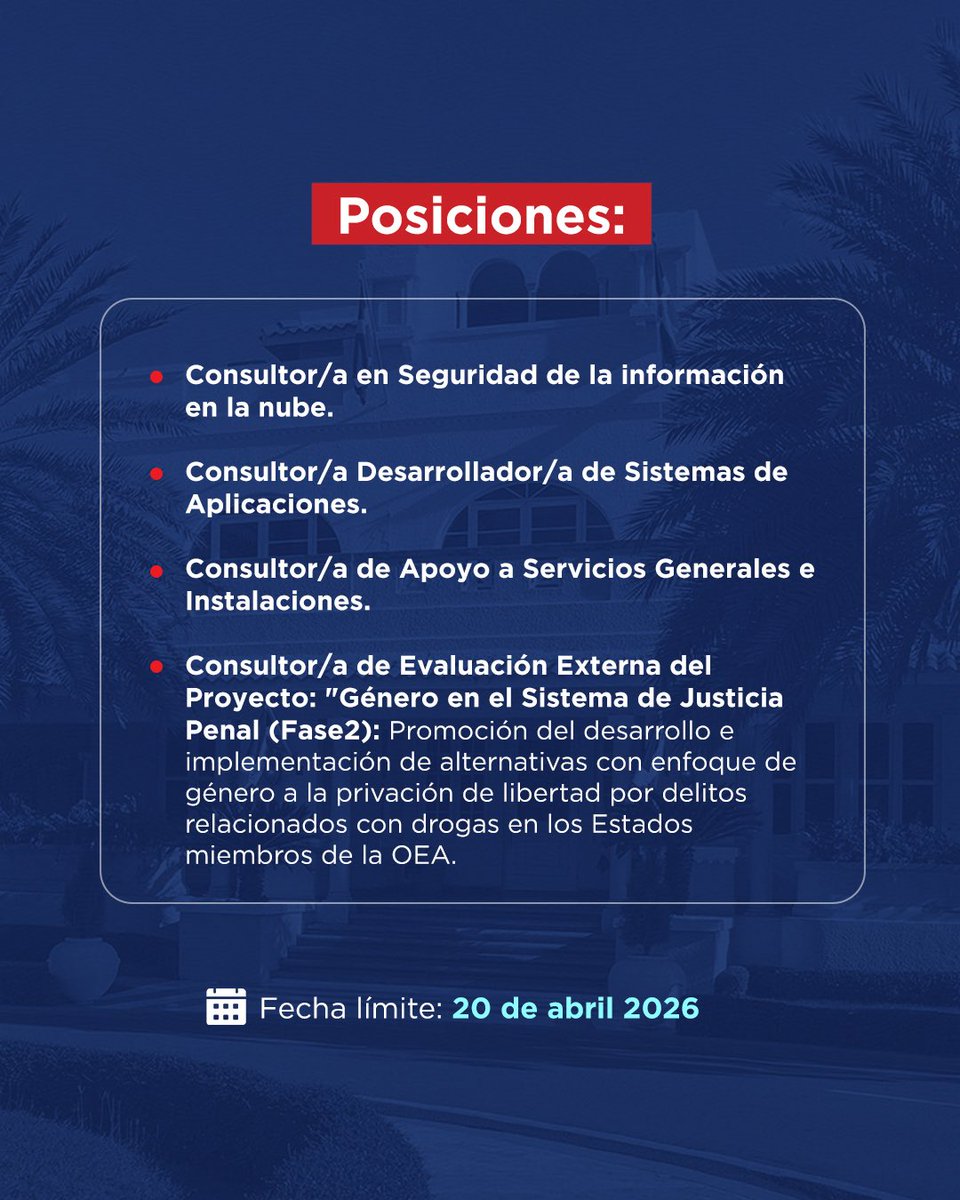 Este Ministerio junto a @rdenoea te invitan a postularte a las vacantes internacionales habilitadas en la sede de Washington D.C. 👇🏻

🔗 oas.org/dhrs/Nuevas%25…

🔗oas.org/dhrs/Nuevas%25…

🔗oas.org/dhrs/Nuevas%25…

🔗oas.org/dhrs/Nuevas%25…