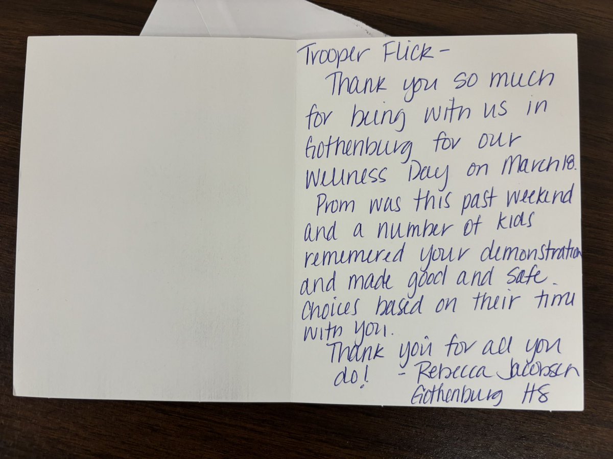 NSP_TroopE's tweet image. Getting back to the office for the first real time this week I find this.

To know the students at Gothenburg HS remember what they learned, took it to heart, and put this education into practice to keep themselves safe over #Prom2026 weekend….. 

ABSOLUTELY PRICELESS 

#Humbled