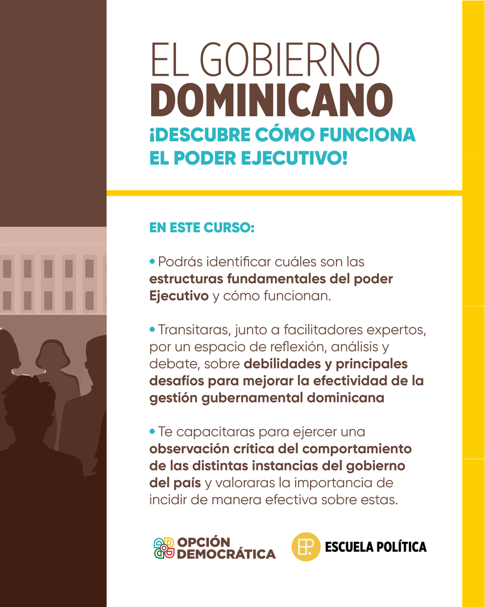 O_Democratica's tweet photo. 🚨 ¡ALERTA DE FORMACIÓN POLÍTICA!

Entender el Estado es el primer paso para transformarlo.

En la edición 2026 de nuestro curso de #FormaciónPolítica, conocerás cómo funciona el Poder Ejecutivo dominicano: su estructura, gestión, recursos y principales desafíos.

💡5 sesiones | Jueves a las 7 P.M
🗓️ Iniciamos el 7 de mayo
💻 Virtual y gratuito
📍 Sesión de cierre presencial en Santo Domingo (con transmisión en vivo)
✅ Certificado de participación

¡INSCRIPCIONES ABIERTAS YA!
Completa el formulario en:
🔗 https://t.co/QAX3px4WFy
