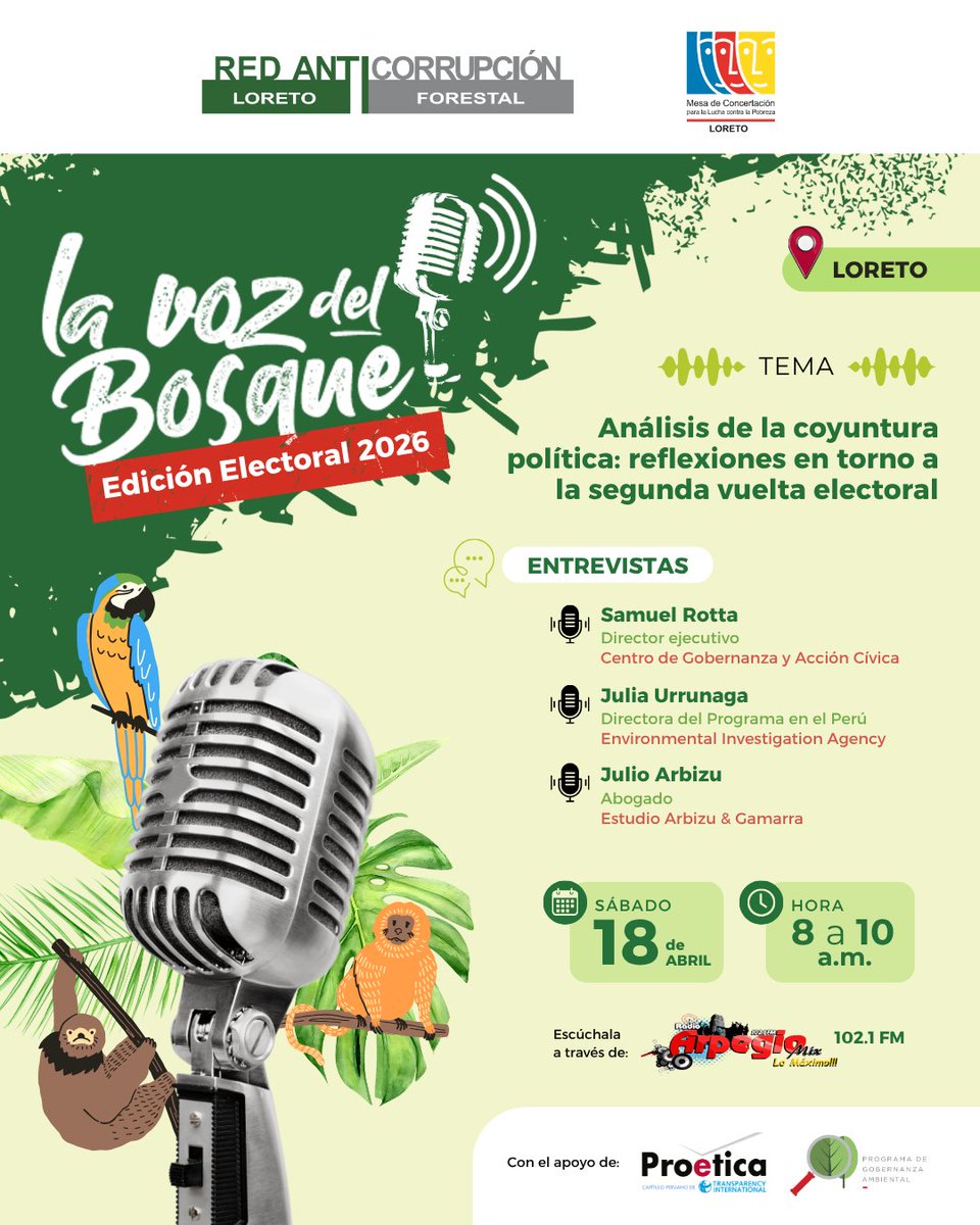 ProeticaPeru's tweet image. Este fin de semana en el programa radial #LaVozDelBosque:

En la edición de #Loreto, este sábado 18 de abril a las 8:00 a. m., se abrirá un espacio de reflexión sobre la segunda vuelta electoral, junto a Samuel Rotta de @CivicaPE, Julia Urrunaga de @EIAEnvironment y Julio Arbizu