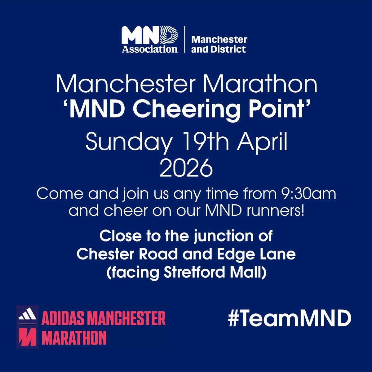 MNDManchester's tweet photo. This Sunday…(19/4/26) come and join us at the MND Association Manchester &amp; District Branch, Manchester Marathon ‘Cheering Point’…#MND 🧡💙 https://t.co/tTJL3KCqZN