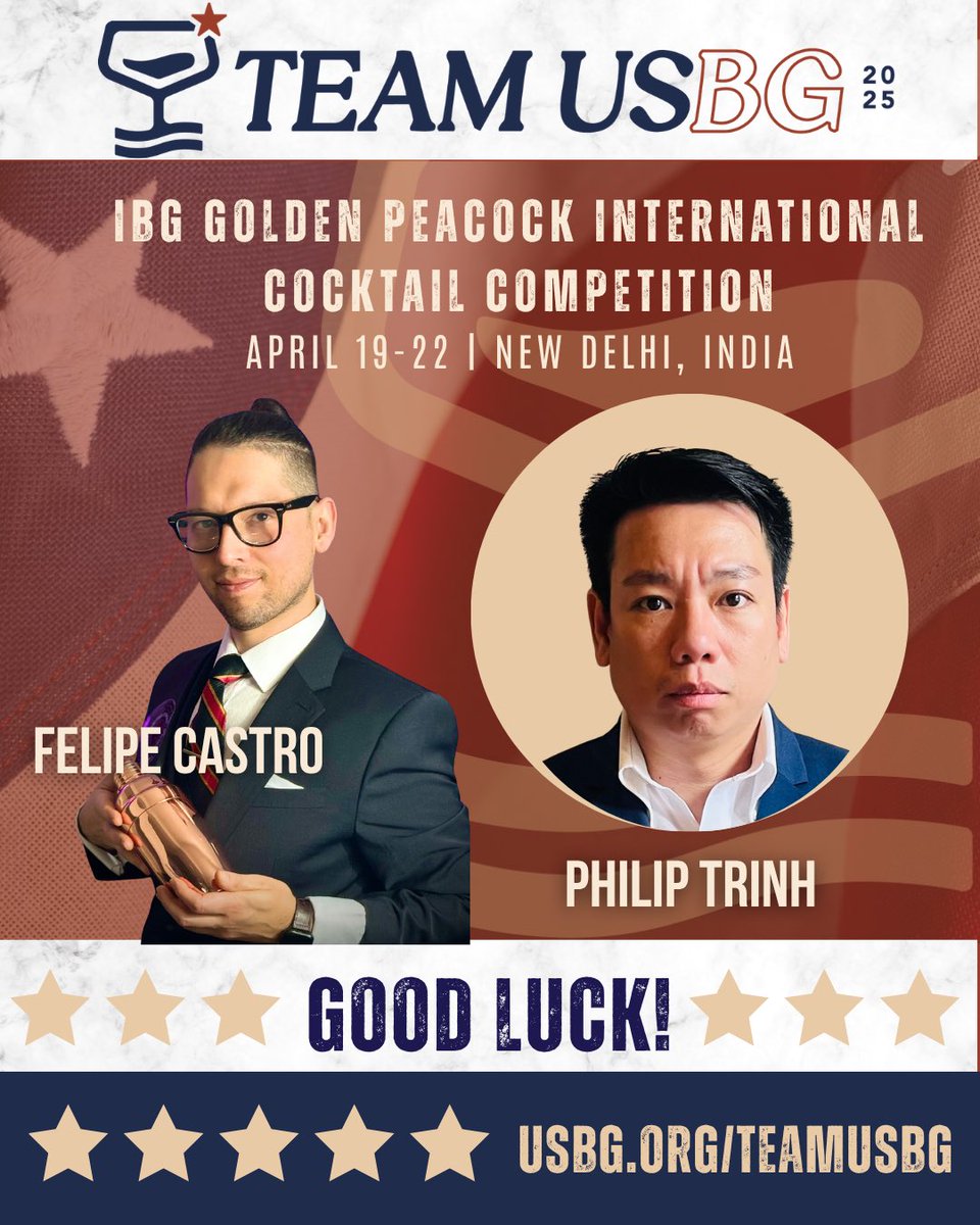 TheUSBG's tweet image. Representing @TheUSBG Member At Large community on the global stage. 🌍

Felipe Castro and Philip Trinh take on the IBG Golden Peacock International Cocktail Competition in New Delhi, April 19–22.

Wishing you both the best as you showcase your craft.

#TeamUSBG #USBG #Bartenders