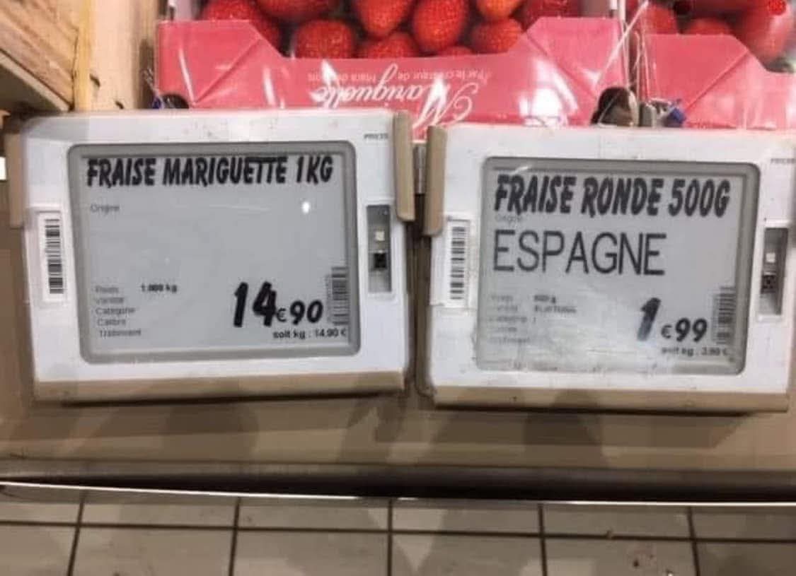 fabien_mtp's tweet image. Je veux bien consommer français
mais 14,90€ le kg de fraises ça devient compliqué.
Oui, il faut soutenir nos producteurs mais derrière chaque panier, il y a des gens qui font des choix et n’ont pas le luxe de privilégier le cœur plutôt que le portefeuille.