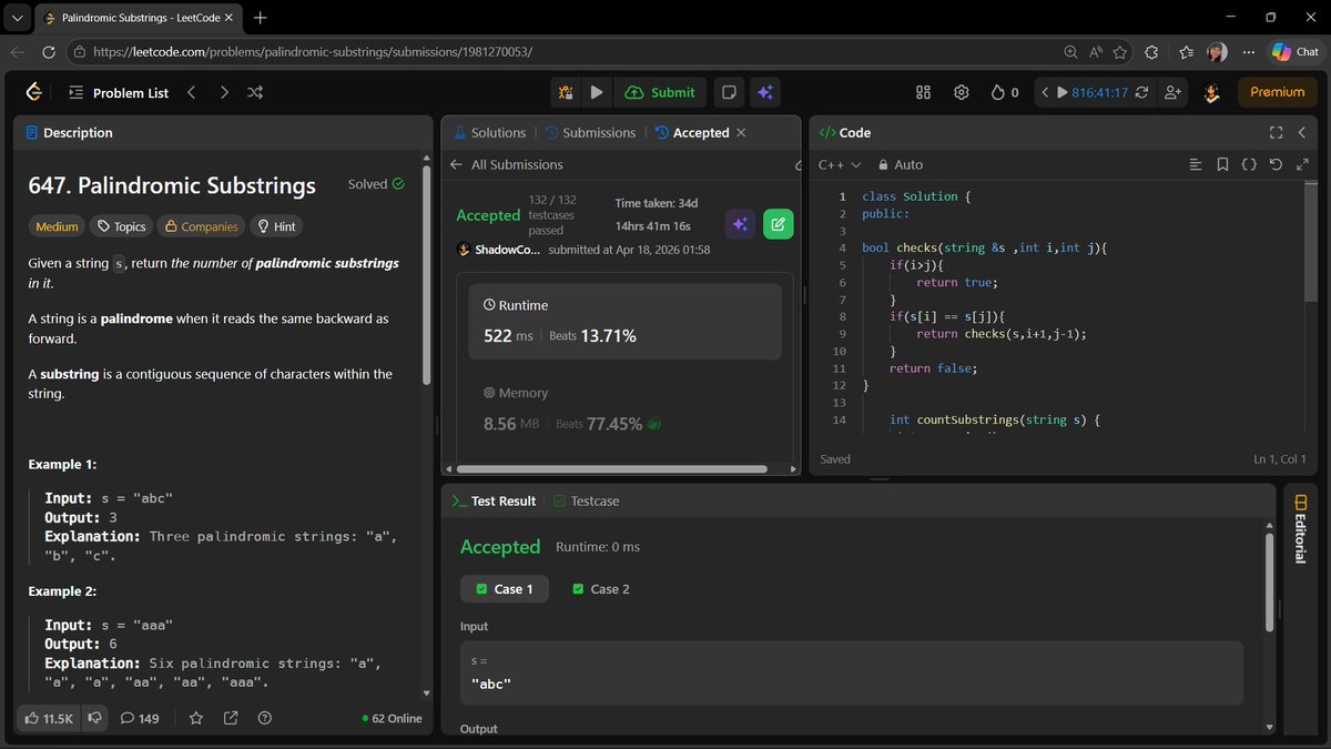 AnchalGupta009's tweet image. Day 173: Palindromic Substrings 🔁
Check all substrings
Count valid palindromes
Simple recursion / brute approach ⚡
#LeetCode #Strings #CPP #DSA
