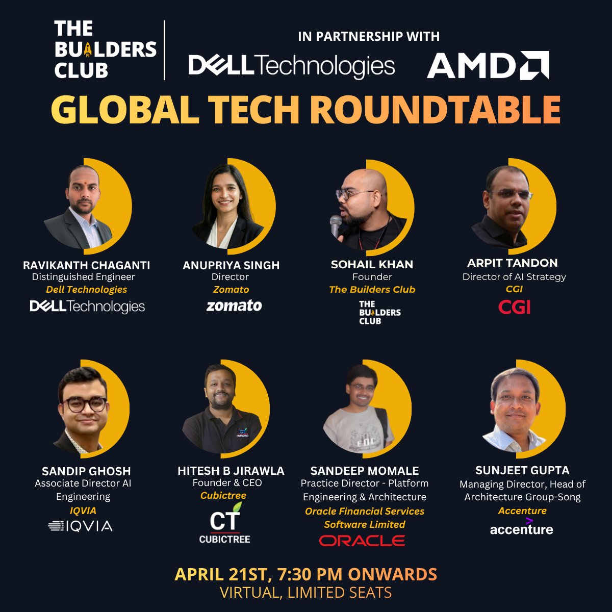 TheBuildersC's tweet photo. 🚀 3 days to go.

Global Tech Roundtable with Dell &amp; AMD
📅 April 21 · ⏰ 7:30 PM IST · 🌐 Virtual

Real talk on what AI is doing right now + where bets are going next.

Not a webinar. Live conversation.

Last seats: https://t.co/xY4a9UcFBV https://t.co/6FXkJIAnKx