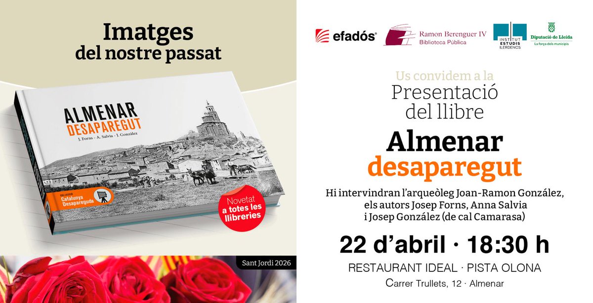 CECS12's tweet photo. No us perdeu la presentació d'"Almenar desaparegut"
📆 22 d'abril
📍Restaurant Ideal Almenar
🕖18:30h
Trobareu als autors: Josep Forns, Anna Sàlvia i Joan Gonzàlez
Amb la participació de l'arqueòleg Joan Ramon Gonzàlez i sota la conducció d'abril Nogueras Fontova https://t.co/7gj09omR8c