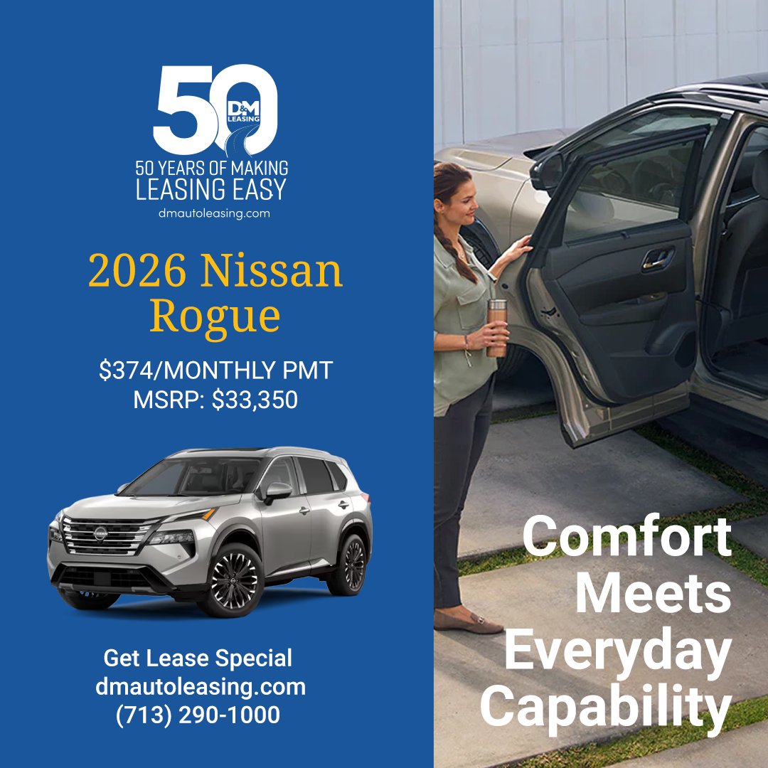 DMLeaseHouston's tweet photo. Whether you’re commuting to the office or heading out for a weekend getaway, the 2026 Nissan Rogue is designed to keep up with your lifestyle.
Start your lease ➡️ https://t.co/bV2B6f31Ez
#DMLeasing #Houston #CarLeasing https://t.co/L2dctMZFiz
