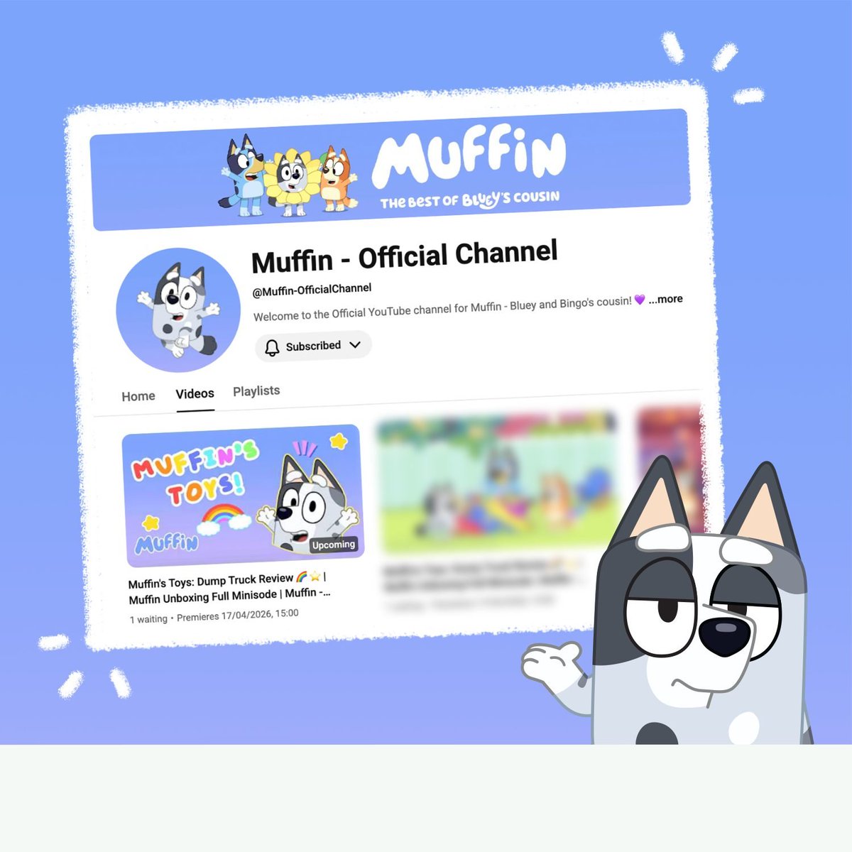 Bluey_Friends's tweet photo. Wait… Muffin has her own channel now? 😄

This can only go one way 💜👇
 https://t.co/lNZuTE9aeU

#Bluey #BlueyFriends https://t.co/wvv2l64Mzy