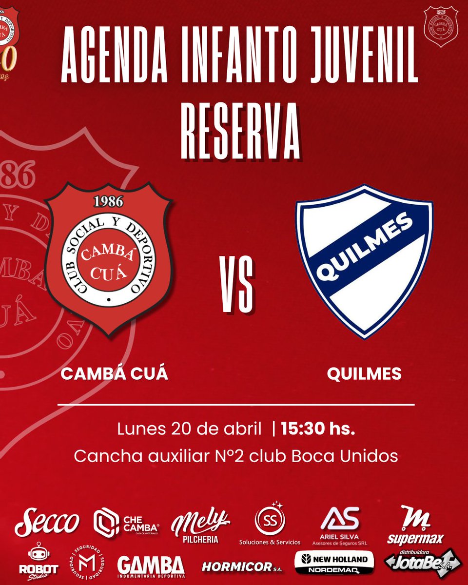 💪🏽 Esta es la agenda de partidos de nuestras divisiones formativas para el finde y el lunes 🥳

🗣 Vamos a alentar y a acompañar a nuestros pibes‼️

#CambáCuá40Años