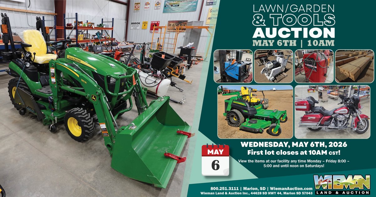 wiemanauction's tweet image. UPCOMING EVENT: Spring Tool, Lumber, Lawn/Garden Online Auction
Wednesday, May 6th at 10 AM

Full Catalog and Details: wiemanauction.com/auction-info.p…

#tools #mower #welder #generator #motorcycle #auction #wiemanauction