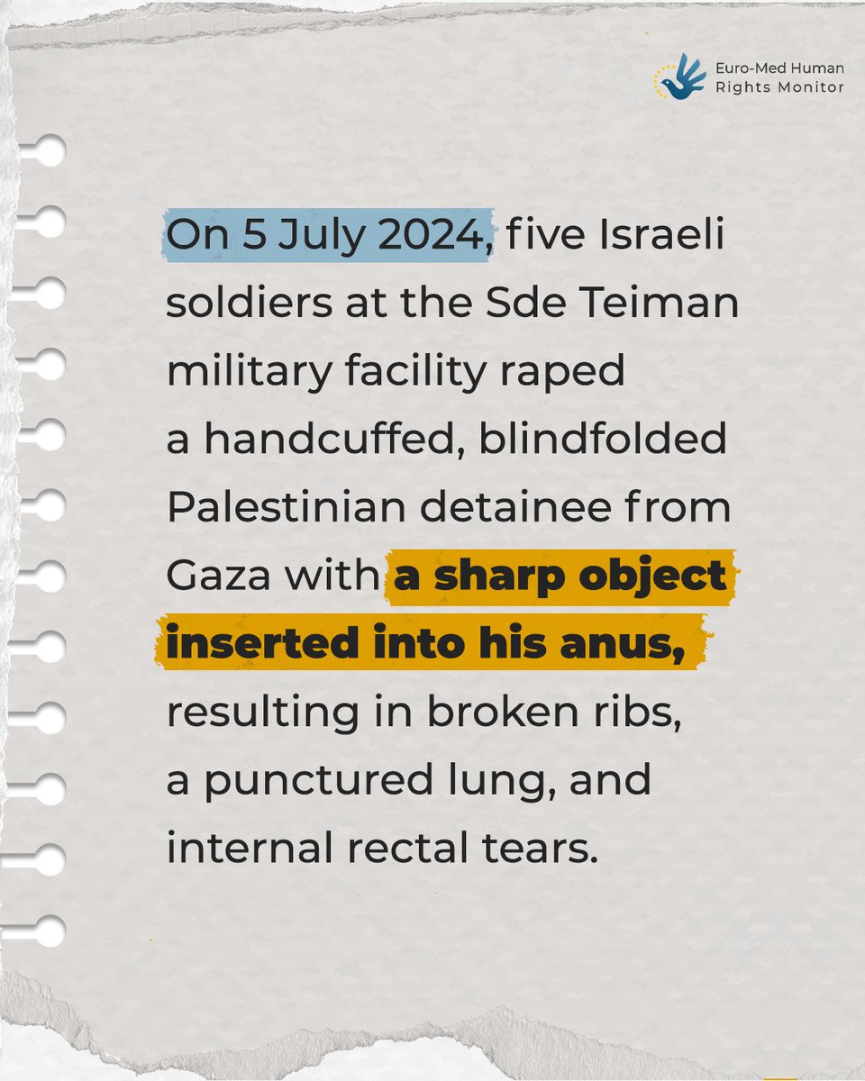 PeterWMurphy1's tweet image. The IDF has allowed 5 Israeli soldiers who raped a Palestinian detainee from #Gaza to resume duty. The rape was filmed. Israeli PM Netanyahu described the IDF soldiers as "heroes". The charges against them were dropped on "procedural" grounds. #IsraeliTerrorism
Info: @EuroMedHR.