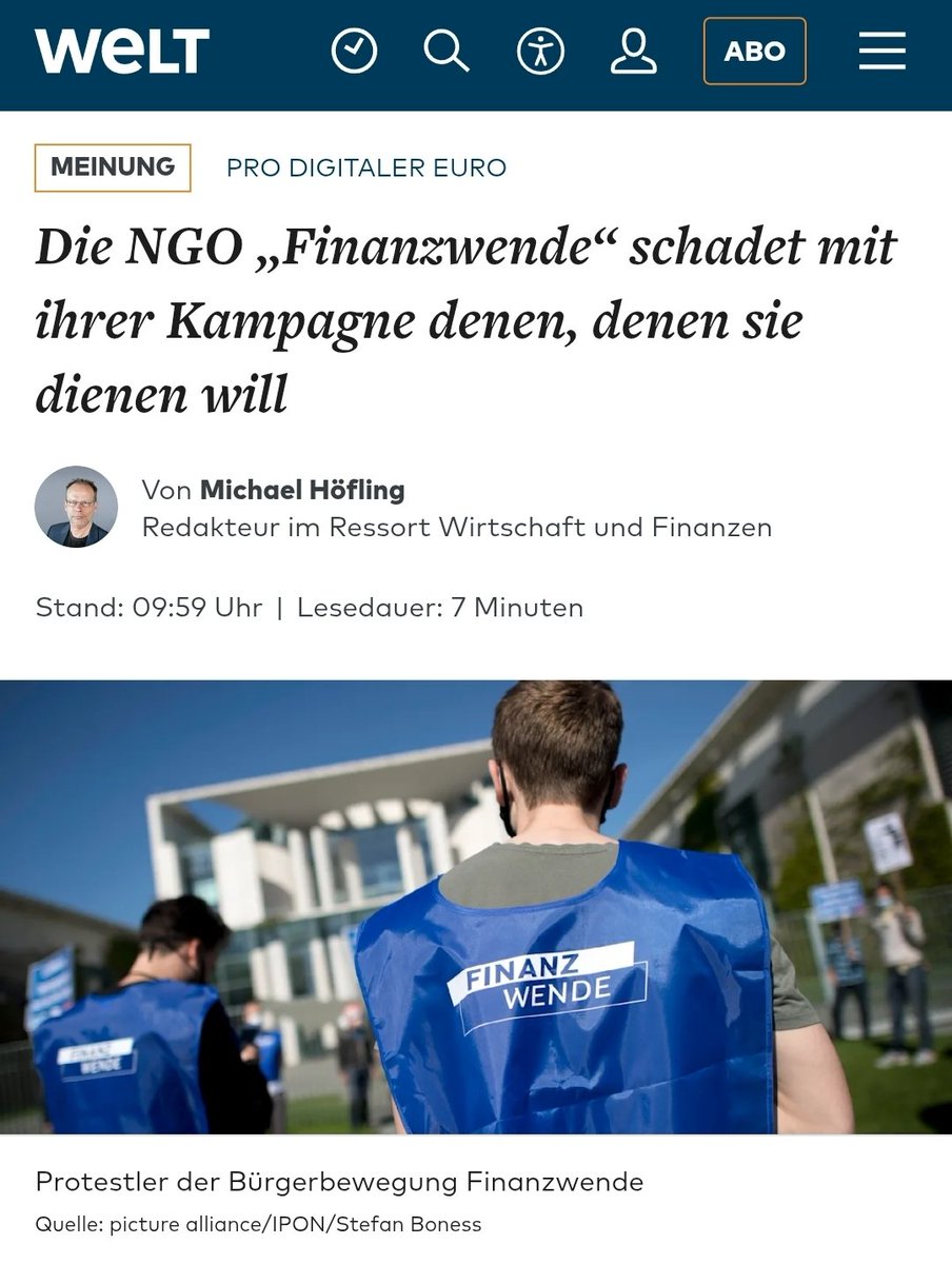 agnieszkawolsk9's tweet photo. Aktywny do niedawna na rzecz obrony klimatu #FridayforFuture nazywa się teraz #Finanzwende = "Finansowy przełom"?🤔
Klimat najwyraźniej przestał być ważny. Zniknęli aktywiści klejący się do jezdni. Wygląda na to, że inżynierowie społeczni mają teraz za zadanie przygotować ludzi do rewolucji finansowej i odejścia od gotówki.
Widoczny właśnie w Berlinie "ruch obywatelski" (NGO) #Finanzwende, prowadzi kampanię na rzecz ... cyfrowego euro i wzywa 🇩🇪 konsumentów do podpisywania petycji w tej sprawie.
Jak przyznaje autor art. w @welt obecna, chaotyczna sytuacja globalna i nieprzewdywalność posunięć Trumpa są wykorzystywane do uzasadniania wszelkiego rodzaju transformacji w różnych sektorach życia społecznego. „Niezależność od Trumpa i spółki? Bezcenna!” – głosi teraz Finanzwende i sięga po wojenną retorykę w tytule kampanii („Wojny portfelowe”) - "po co ta zbędna sensacja i transparentna manipulacja emocjonalna?" - zastanawia się autor tak, jakby zapomniał co wyrabiano jeszcze niedawno w związku z plandemią, czy zaraz potem z wojną na 🇺🇦.
https://t.co/PpR7h6JXxn