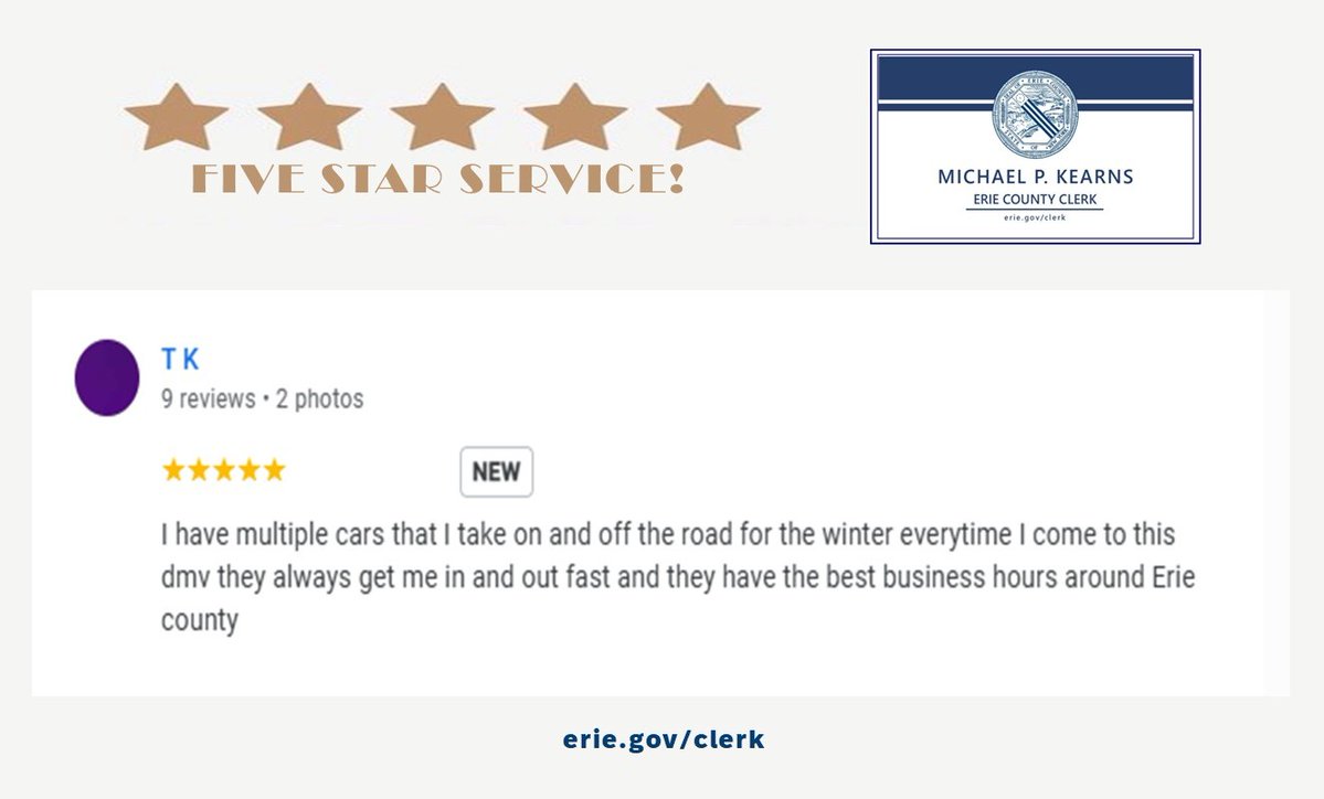 ErieCountyClerk's tweet image. Happy #FiveStarFriday!⭐⭐⭐⭐⭐

Thank you TK, we’re glad to hear that managing your seasonal vehicle registrations has been quick &amp;amp; convenient, and that our extended hours make a huge difference. We look forward to keeping you moving efficiently at every #DMV visit‼️

#friYAH🎉
