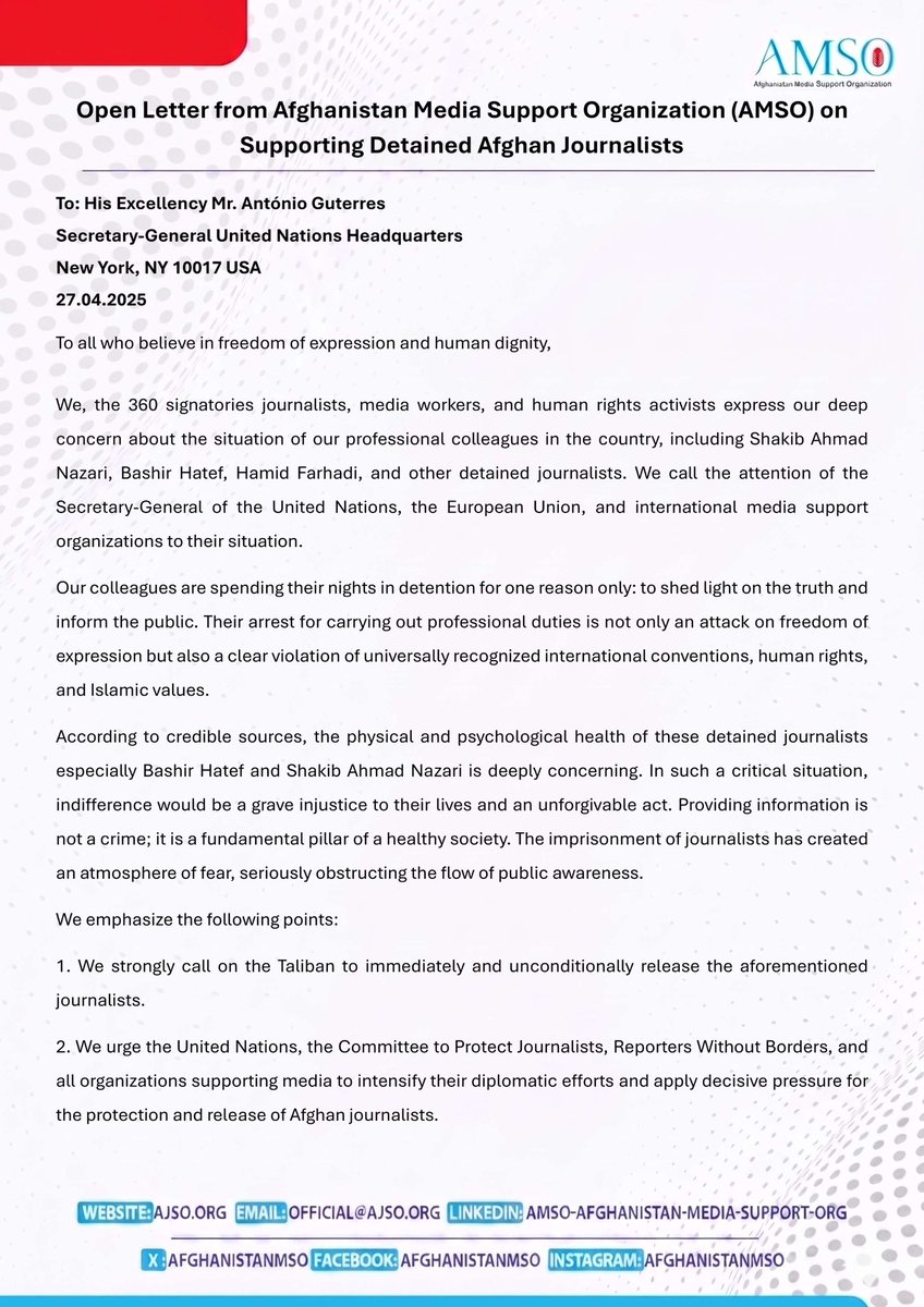 hamidobaidi's tweet photo. An open letter by the Afghanistan Media Support Organization (AMSO), endorsed by 360 journalists and human rights advocates, calls for the immediate release of detained Afghan journalists and urges stronger international action to safeguard press freedom and human dignity. https://t.co/bdRU6dtXqh