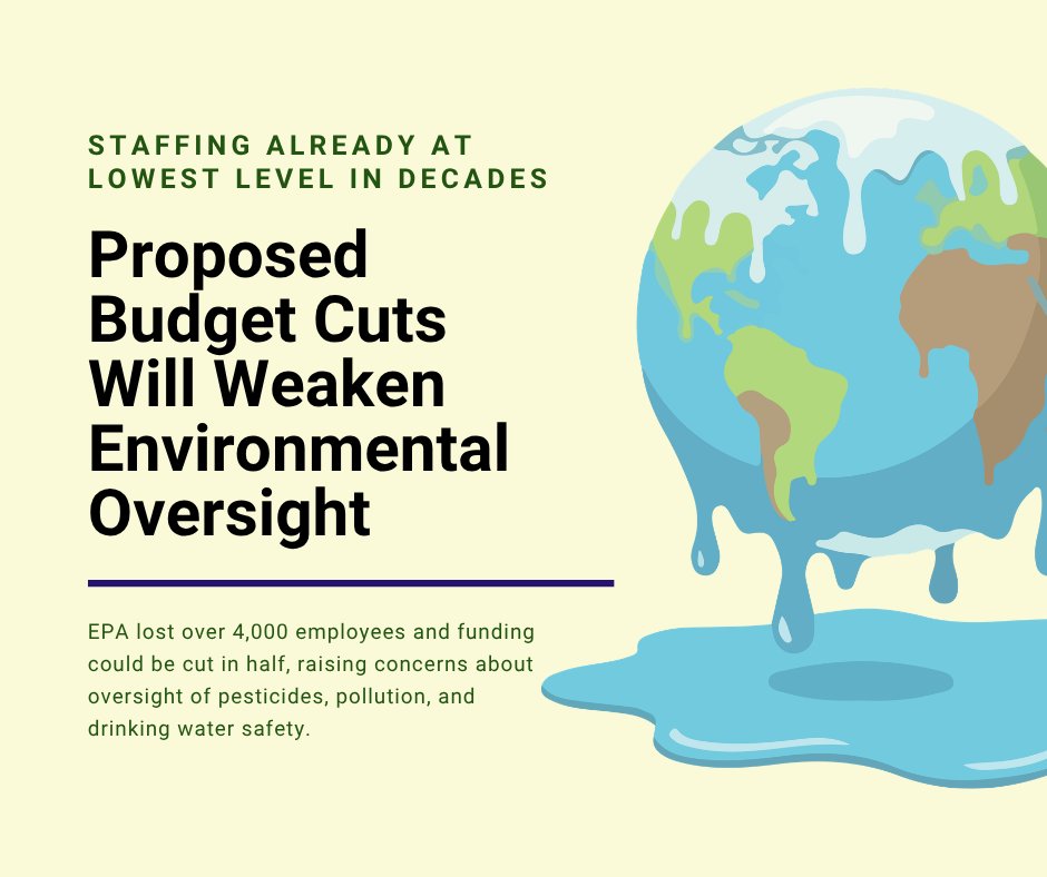 PesticidesSmart's tweet image. Proposed budget would cut EPA funding in half after the agency already lost over 4,000 employees. Experts warn reduced oversight could impact pesticide regulation, pollution monitoring, and drinking water safety.

#EPA #ReducePesticides #EnvironmentalHealth #PublicHealth