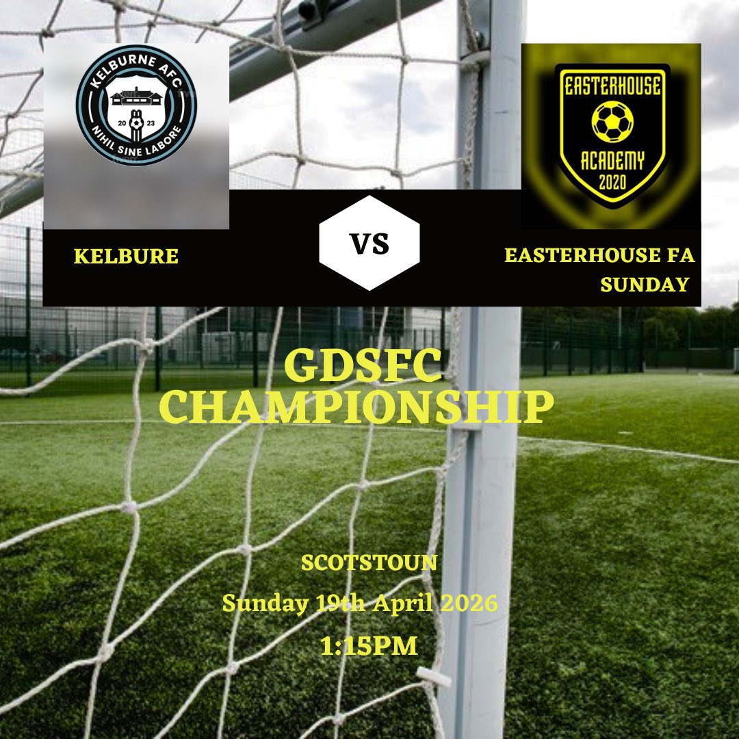 EasterhouseFAS's tweet photo. Fixture Friday 🟡⚫️

⚽️ -  Kelburne v Easterhouse FA Sunday 
🏆 -  @GDSFC2008 Championship 
🏟 -  Scotstoun 
📅 -  19/4/26
🕒 -  1:15pm

Sponsors - Andrews Tiles Glasgow Showroom, Bridge Inn, Network Solutions, Rustico https://t.co/Etq2Xhplyq