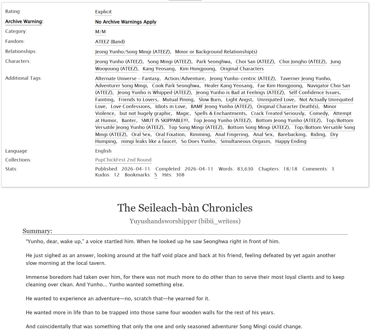 The Seileach-Bàn Chronicles

💧↑↓Yvng¡↓↑
💧 Explicit (but can be skipped)
💧 Complete, 83k
💧 Fantasy AU, action and magic
💧 Friends to lovers, mutual pining, slow burn, crack treated seriously, fluff

— For <a href="/pupchickfest/">Pup Chick Fest</a>

archiveofourown.org/works/81590076…