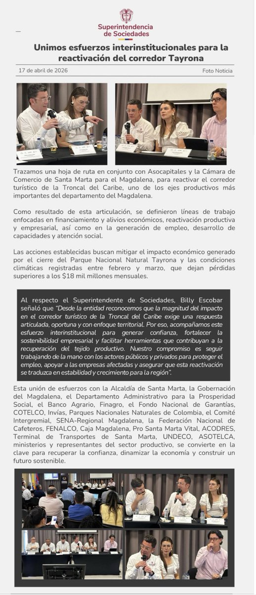 SSociedades's tweet photo. Unimos esfuerzos interinstitucionales para la reactivación del corredor Tayrona
Trazamos una hoja de ruta en conjunto con @Asocapitales y la @CamComercioSM para reactivar el corredor turístico de la Troncal del Caribe, uno de los ejes productivos más importantes del departamento. https://t.co/I17QEhDnfY