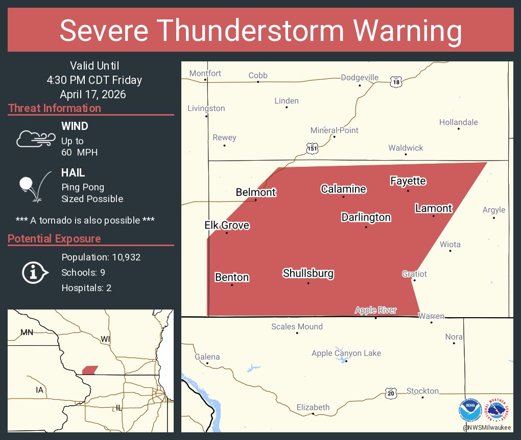 Severe Thunderstorm Warning including Darlington WI, Cuba City WI and ...