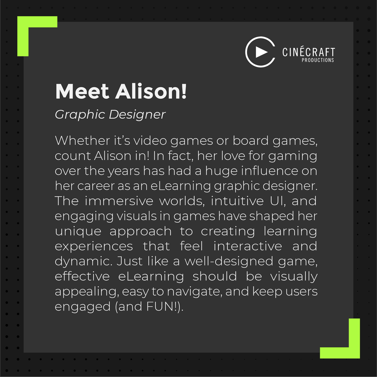 cinecraft's tweet image. Every month, we’ll be spotlighting a new #Crafter. This month, meet Alison, Cinecraft's incredibly talented graphic designer. We’re grateful for the creativity, skill, and care she brings to our team and our work every day.