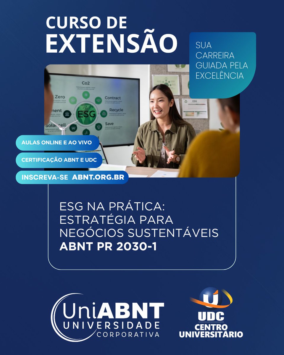 abnt_oficial's tweet image. ESG é prática, e o mercado já exige isso.

O Curso ESG na Prática (ABNT PR 2030-1) com certificado da UniABNT e UDC, prepara você para o novo mercado.

📲 uniabnt.com.br/grd.aspx?T=ESG
Ou entre em contato pelo WhatsApp: (11) 3017-3638

#ESG #Carreira #Sustentabilidade