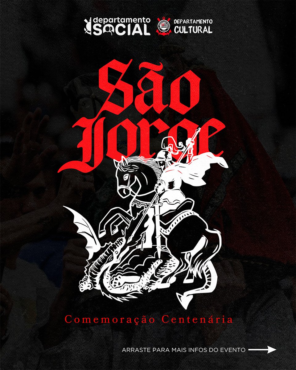 Corinthians's tweet photo. Em 2026, completam-se 100 anos do Parque São Jorge e 100 anos do Santo Guerreiro como nosso padroeiro. ⚫⚪​

Em 23 de abril, Dia de São Jorge, haverá uma programação especial em celebração a esta data histórica.

Às 9h, a capela receberá a tradicional missa de São Jorge, aberta ao público geral. Às 19h10, uma missa e uma procissão.

Venha fazer parte: todos os caminhos nos levarão à Neo Química Arena para celebrar essa grande festa.

Para finalizar, uma monumental estátua de São Jorge, criada pelo artista Gilmar Pinna, será inaugurada na entrada da #CasaDoPovo.

Escaneie o QR Code que está na arte e saiba mais.

🗓️ 23/04 (quinta)
⏰ 19h10 (horário de Brasília)
🏟️ Neo Química Arena
🎟️ Reserve seu ingresso: https://t.co/xzUYN7HEEH

​#VaiCorinthians #DiaDeSãoJorge #FielTorcedor #CulturalDoCorinthians #SocialCorinthians