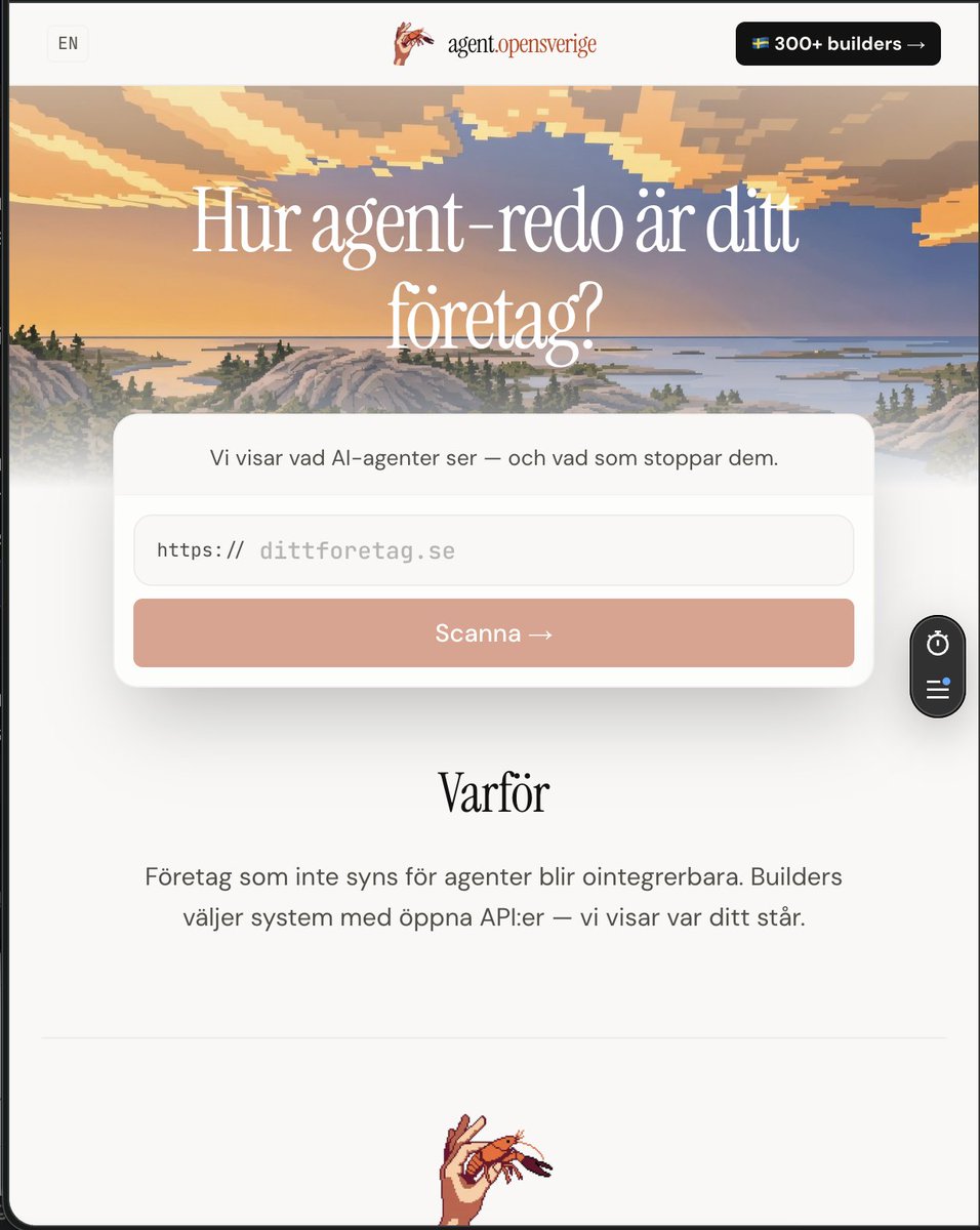 Cloudflare just dropped an agent readiness scanner. Currently on the front page of Hacker News.

We built the same thing for Swedish businesses weeks ago.

When a $35B company builds the same tool as an open source community in Sweden — you know you’re asking the right question.