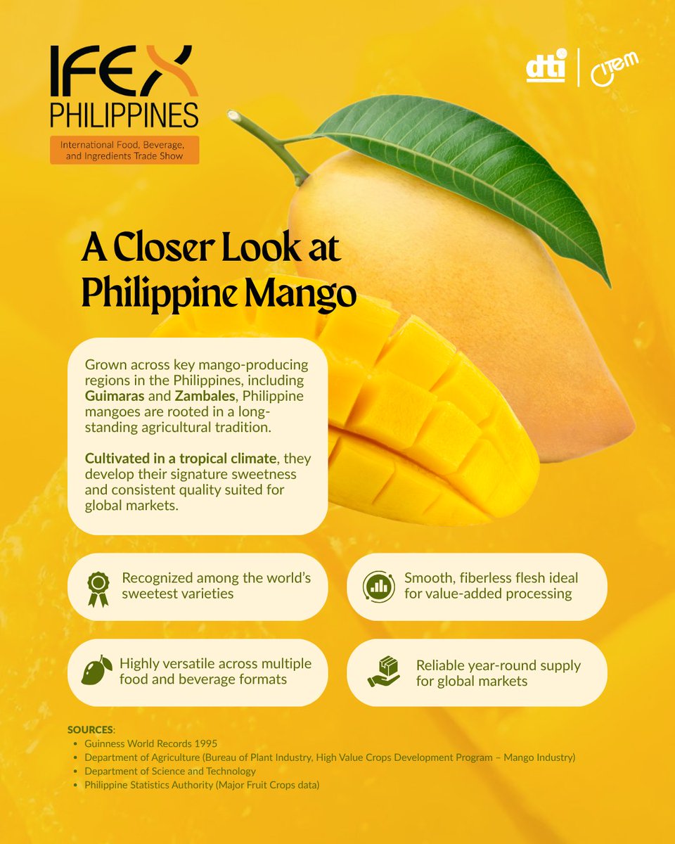 DTILosAngeles's tweet photo. [1/3] 🥭 Sweet has a new standard — and it's Philippine.

The Philippine Mango's Brix levels reach up to 22.3° — among the highest of any mango variety in the world. That's not just sweetness. That's a sourcing advantage. 🌏

#PhilippineMango #TropicalFlavors #FOODPhilippines https://t.co/YIA9tv4moI